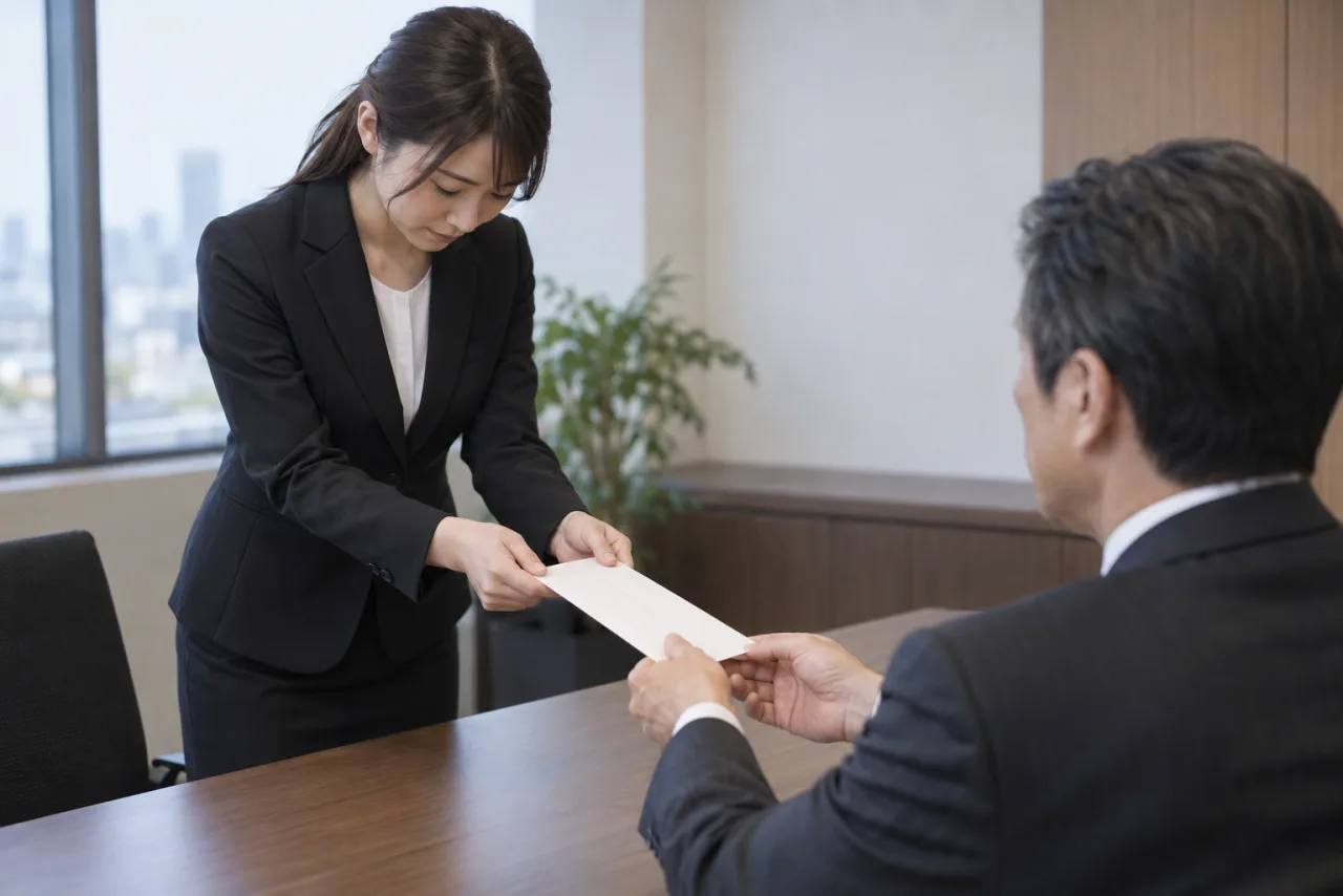 職場の個室で上司へ退職願を両手で渡して話す様子