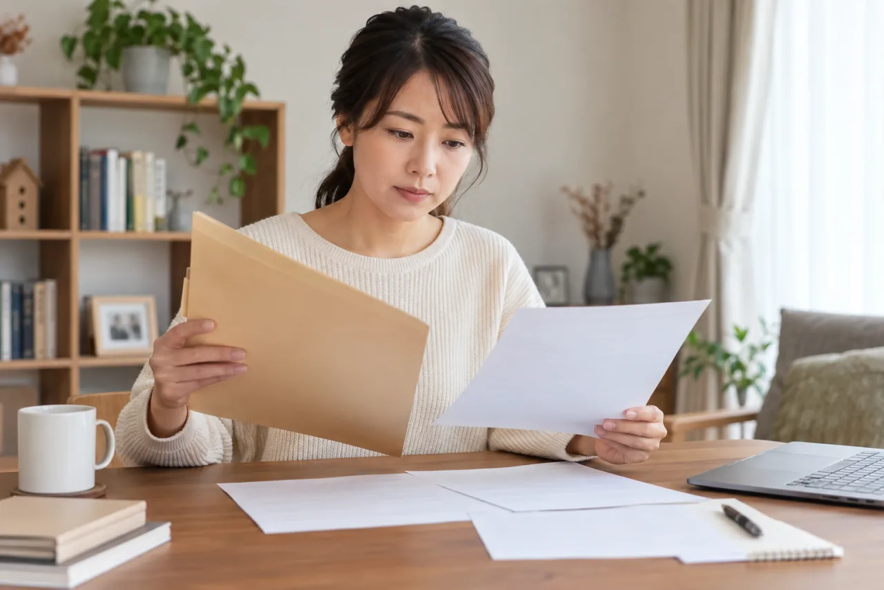 40代の女性が教育訓練給付の確認書類をフォルダーで整理する様子