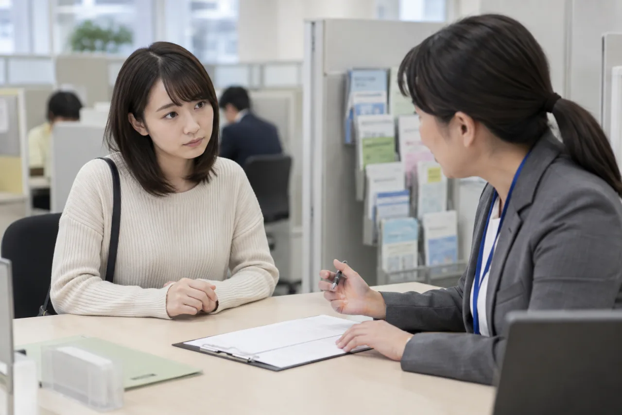 女性がハローワークの相談員に教育訓練給付の要件を確認する様子