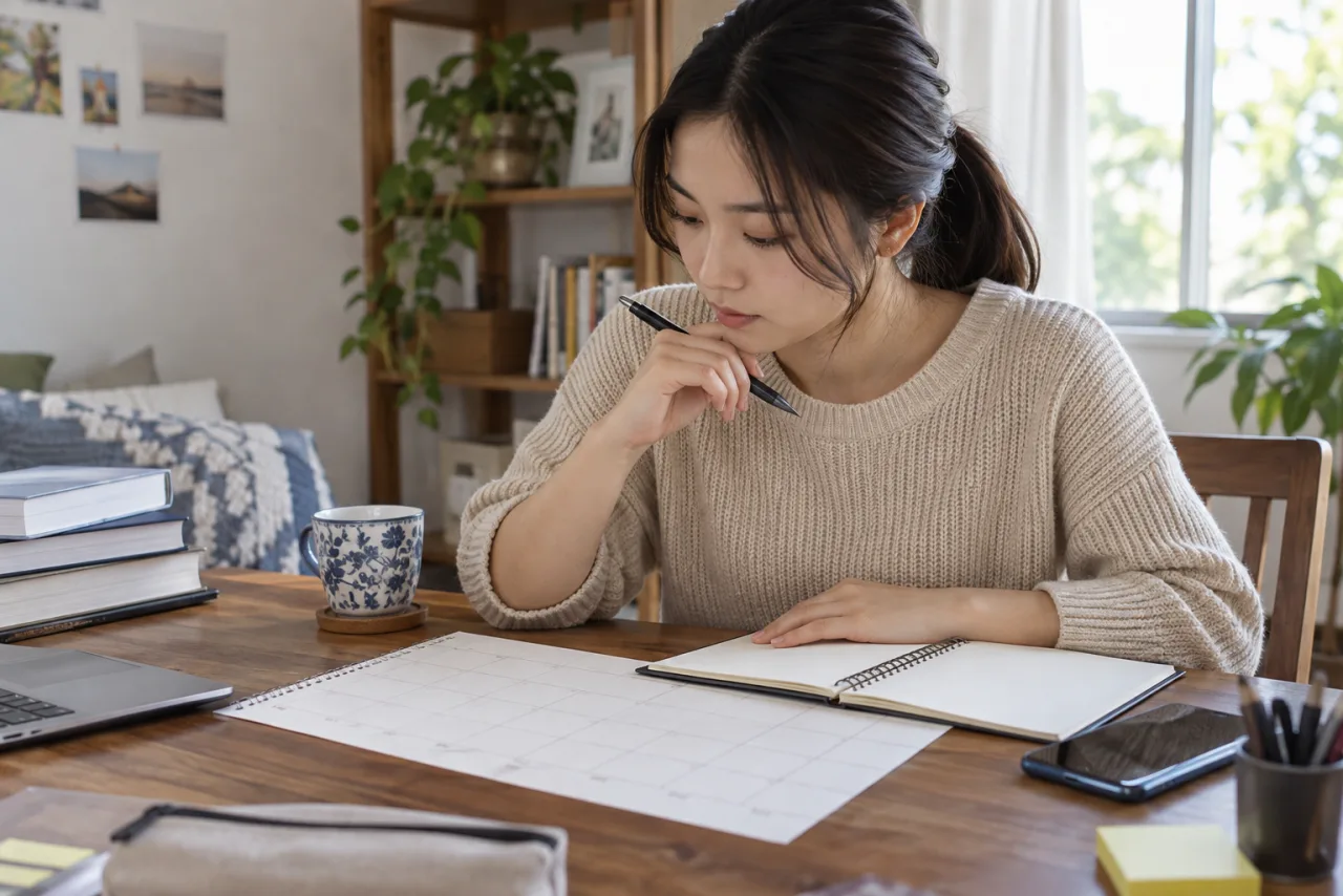 女性が6か月の専門学習スケジュールをカレンダーに整理する様子