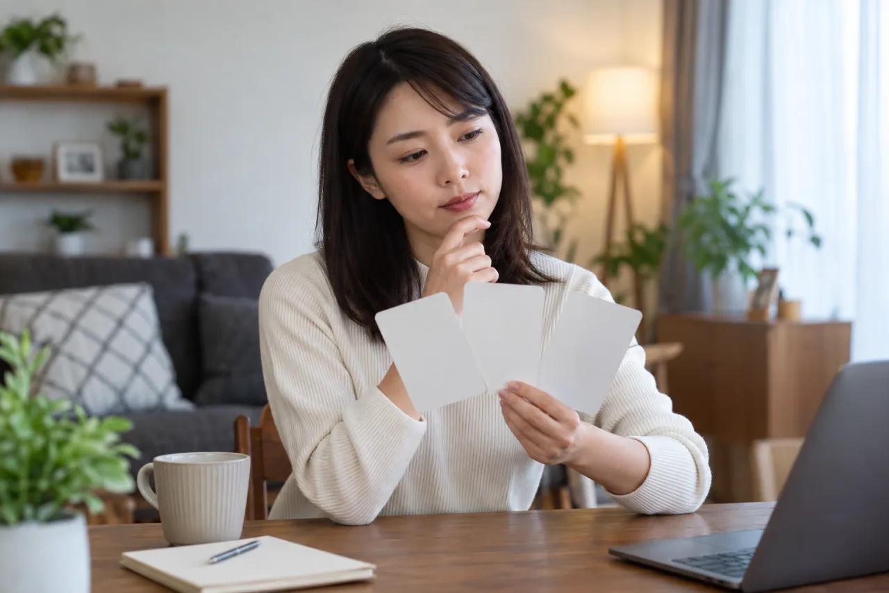 女性が資格取得と仕事継続と転職の選択肢を白紙のカードで比べる様子