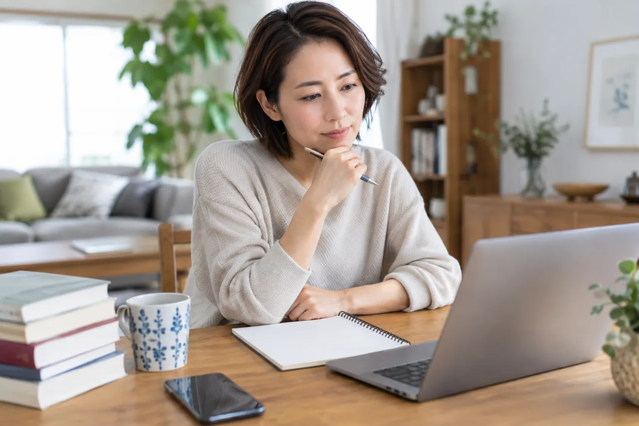 働きながら社会人大学院で学ぶ計画をノートに整理する日本人女性