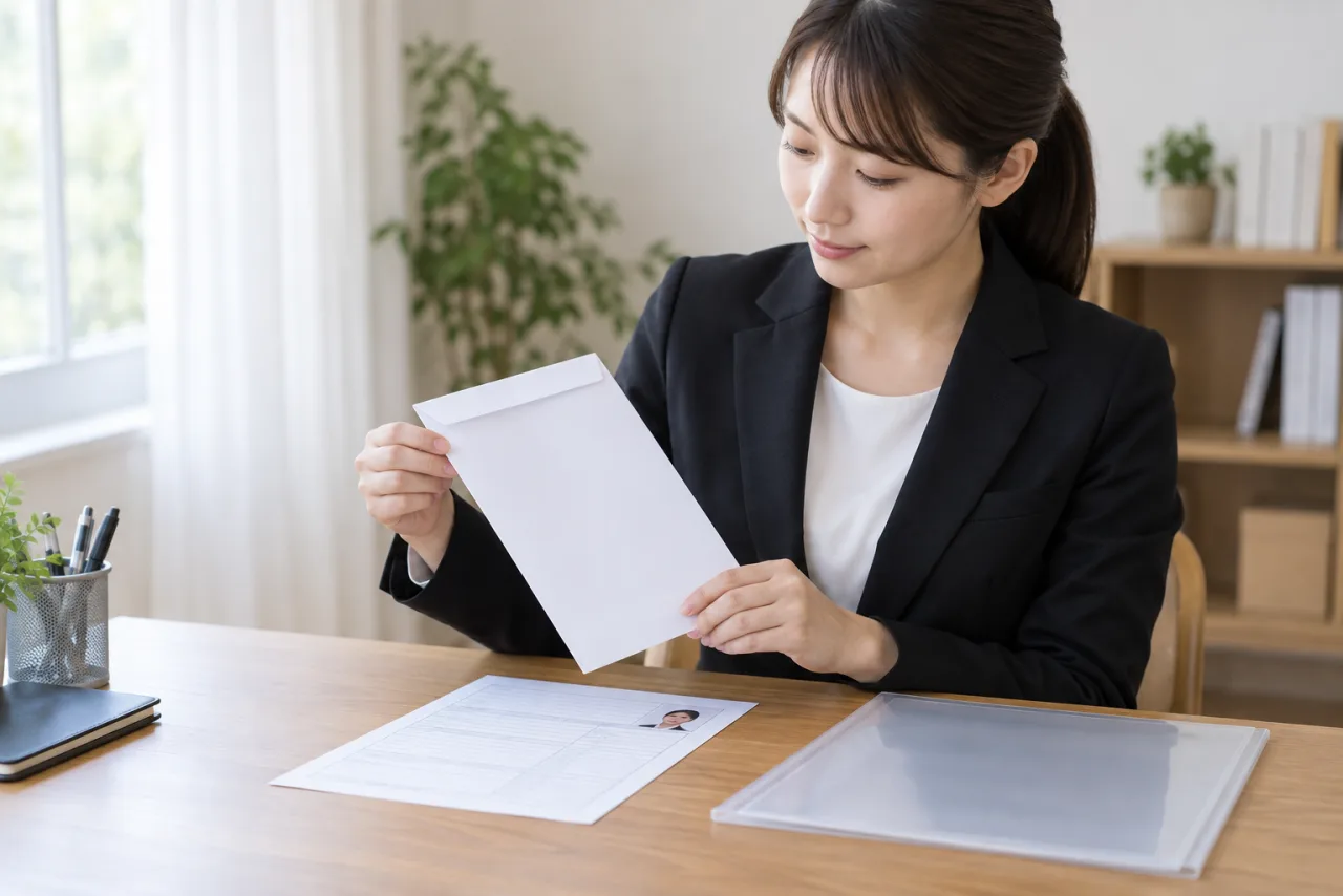 履歴書と封筒を前に応募先の提出指示を確認する様子