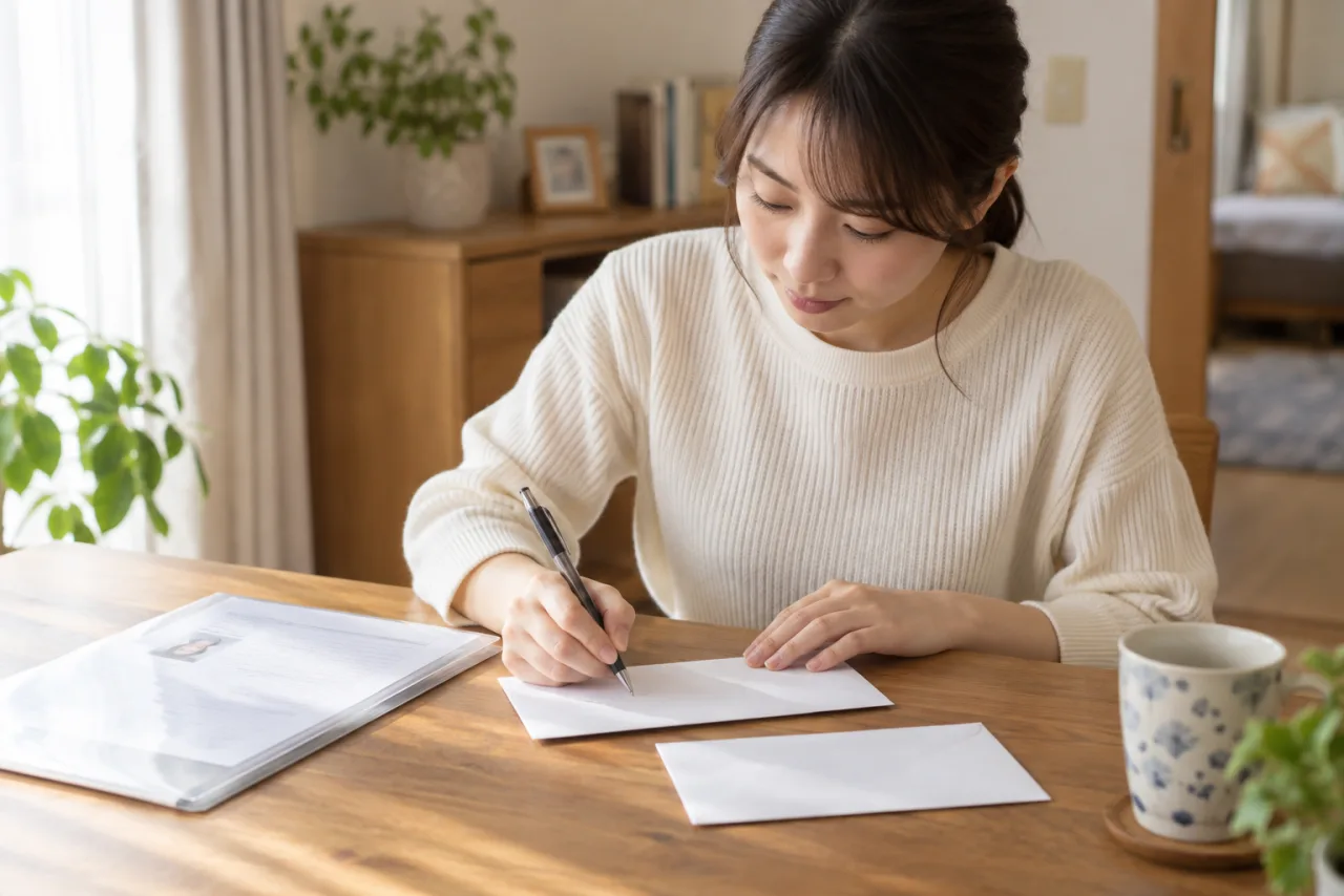 封筒の裏面に差出人の住所と氏名と日付を記入する様子