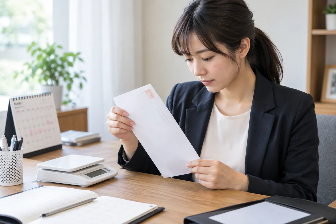 履歴書入りの封筒を郵送前に切手と宛先と期限で確認する様子