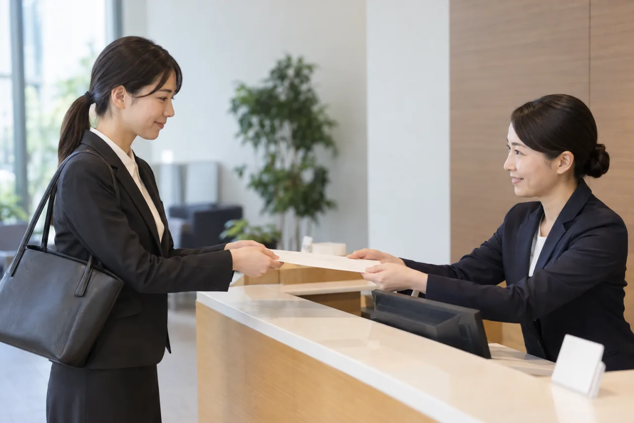面接会場で履歴書入りの封筒を両手で渡す準備をする様子