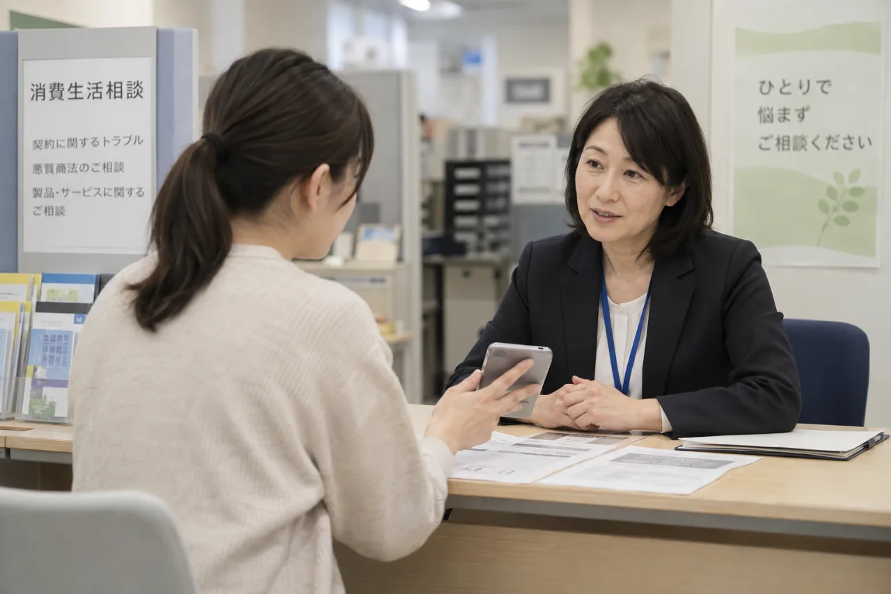 日本人女性が消費生活センターへ相談するため契約内容を整理している