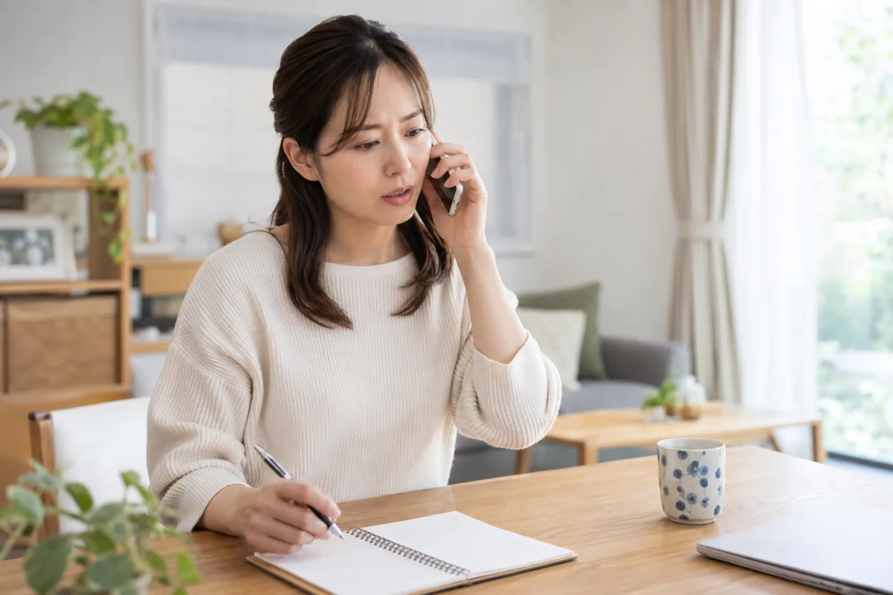 日本人女性が金融機関と警察へ相談するため電話の準備をしている
