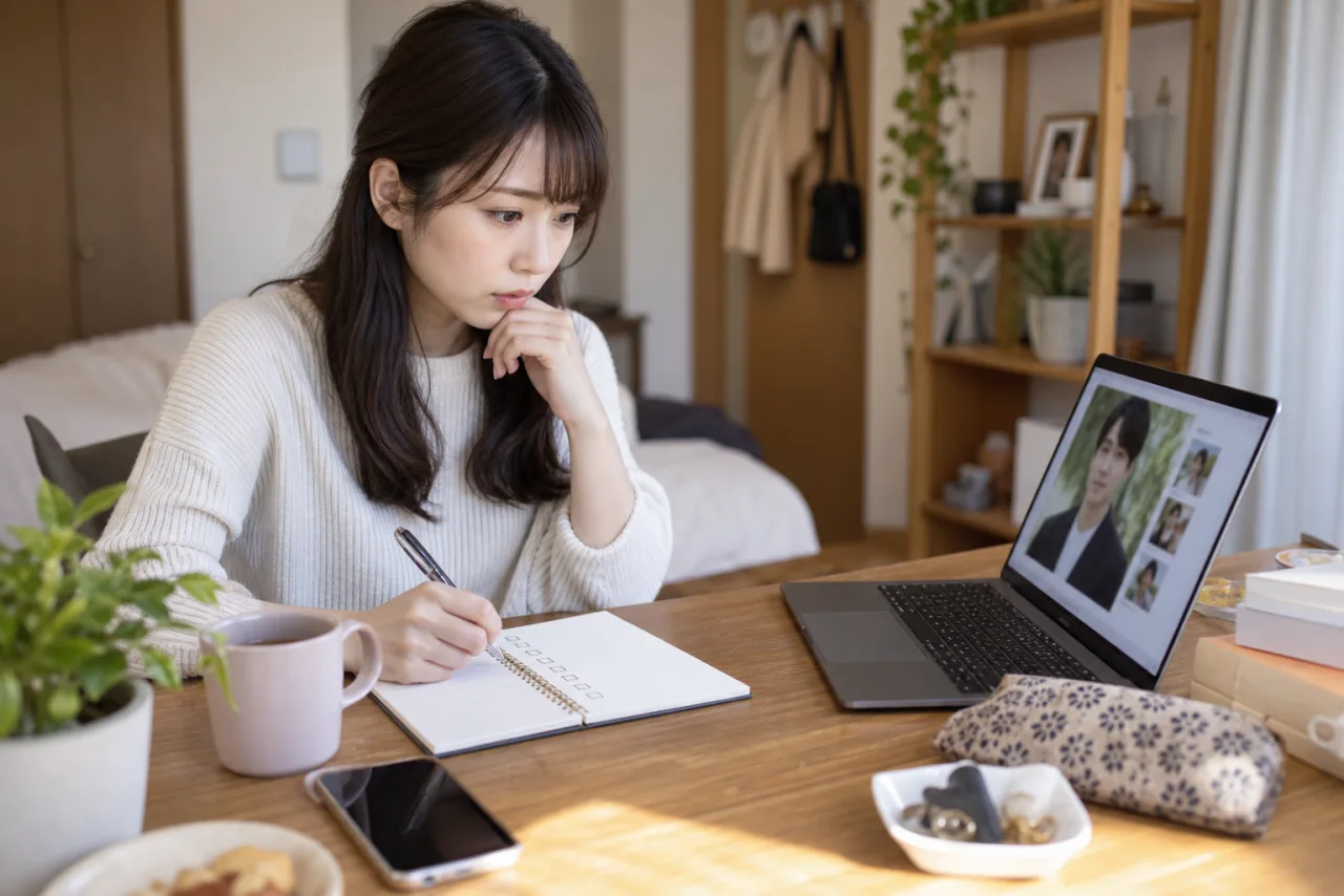 日本人女性が本人確認と初対面の安全条件をチェックリストで確認している