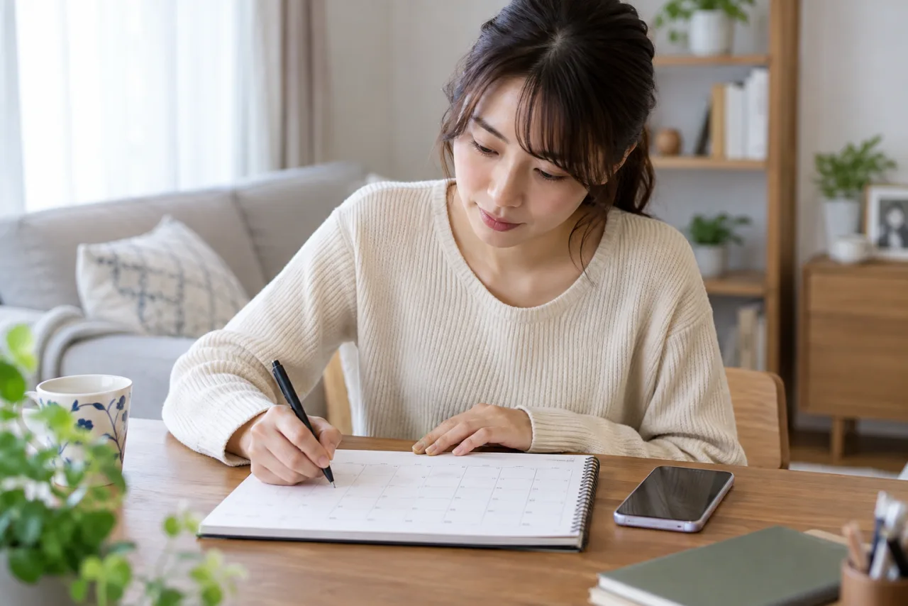 日本人女性がマッチングアプリの安全設定と一週間の行動計画を整理している