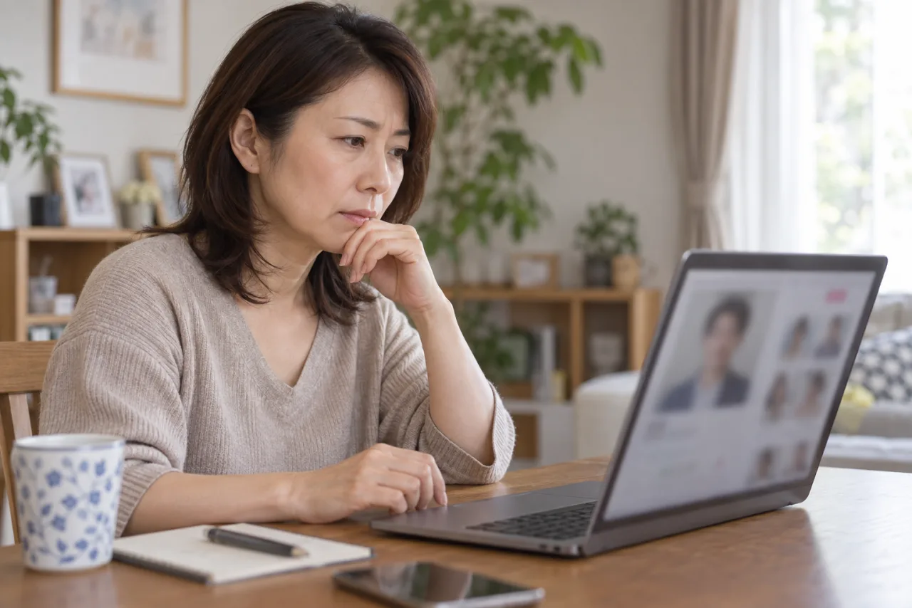 自宅で婚活アプリのプロフィールを慎重に確認する日本人女性