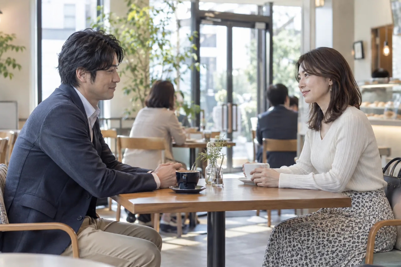 昼間の公共のカフェで初対面の会話をする日本人の男女