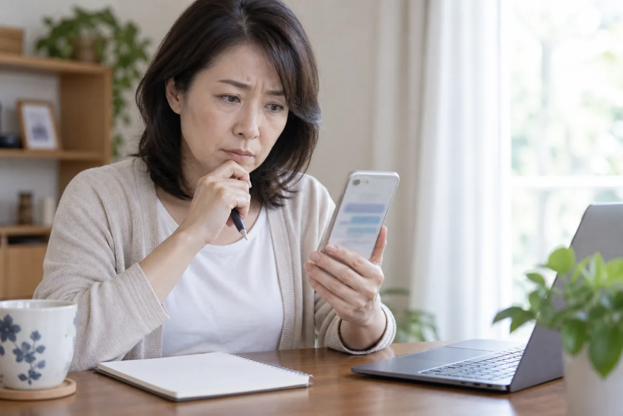 不審なメッセージを確認して返信を止める日本人女性