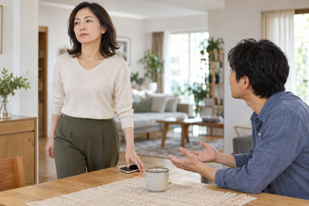 不快なやり取りを終えて距離を取る日本人女性