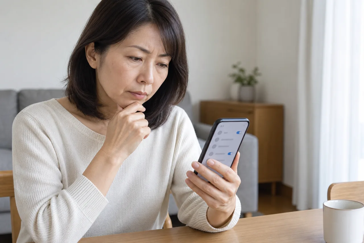 スマートフォンでプライバシー設定を確認する日本人女性