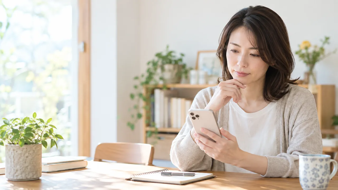マッチングアプリのプロフィールを確認する女性
