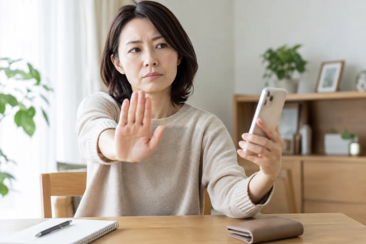 送金を断る意思を示す女性