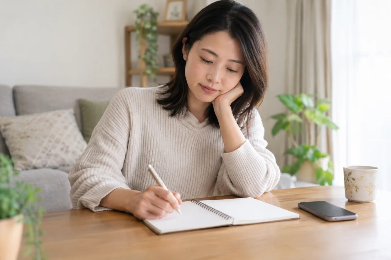 日本人の女性が職場で私生活の質問に境界線を示して業務の書類へ戻る