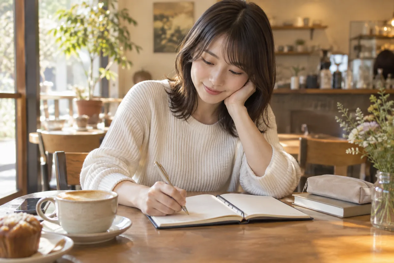 日本人の女性が安心できる友人や趣味の予定を手帳に書く