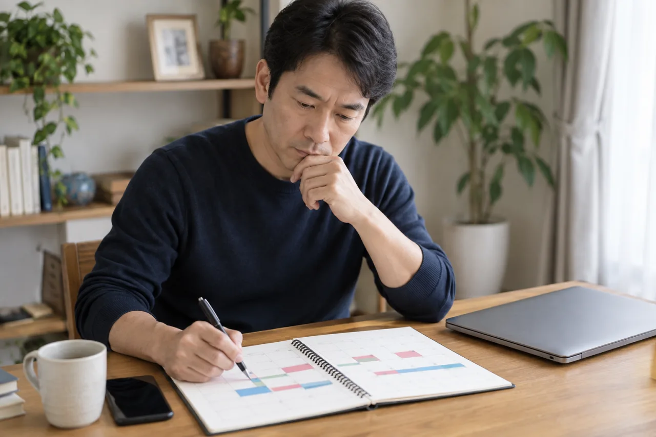 本業と副業の勤務時間をカレンダーで確認する日本人男性