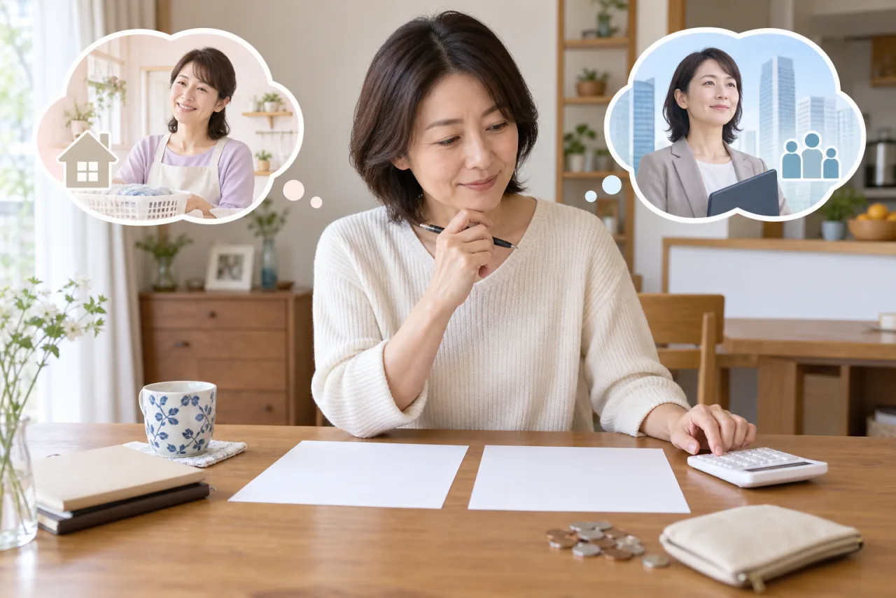日本人女性が扶養内を続ける場合と社会保険に加入する場合の家計差分を白紙の表で比較している