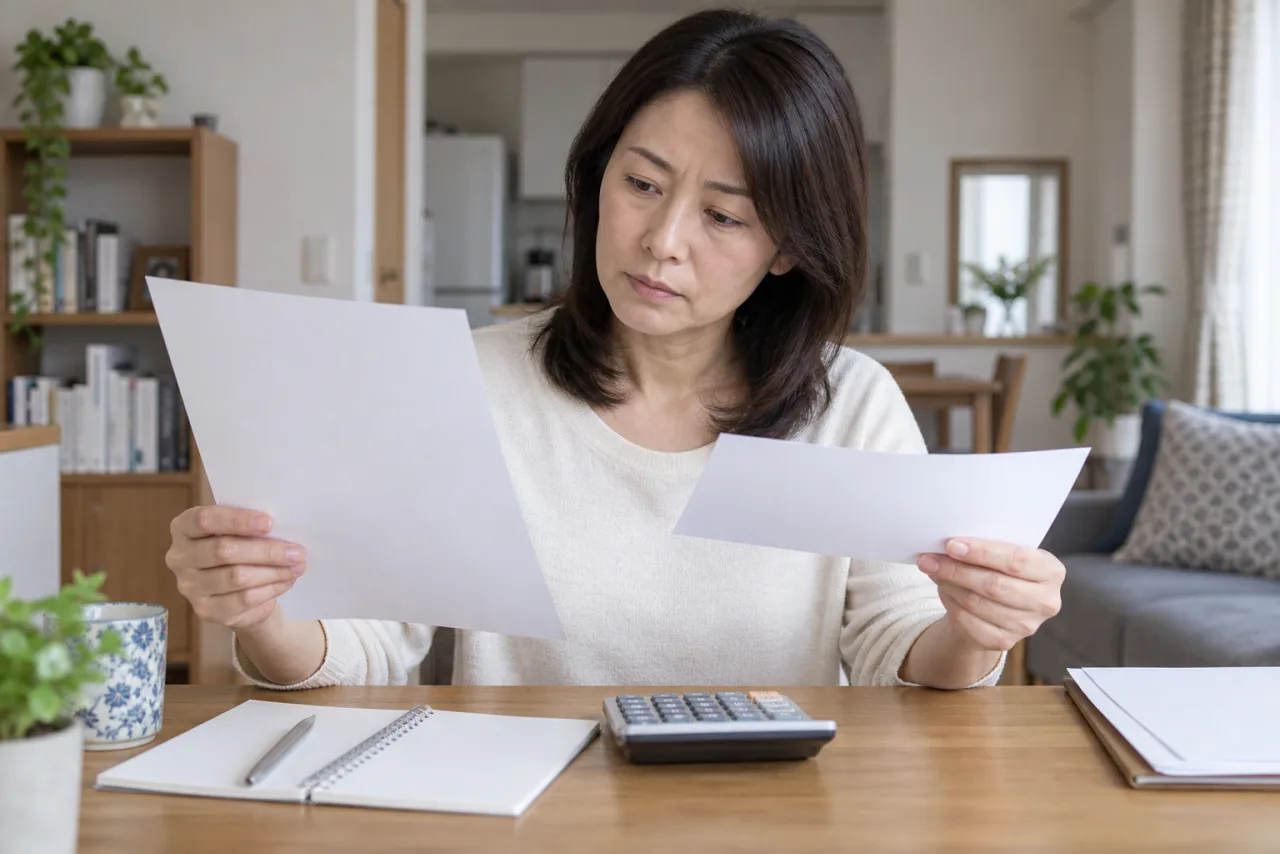 日本人女性が白紙の労働条件通知書と給与明細と計算機を見比べている