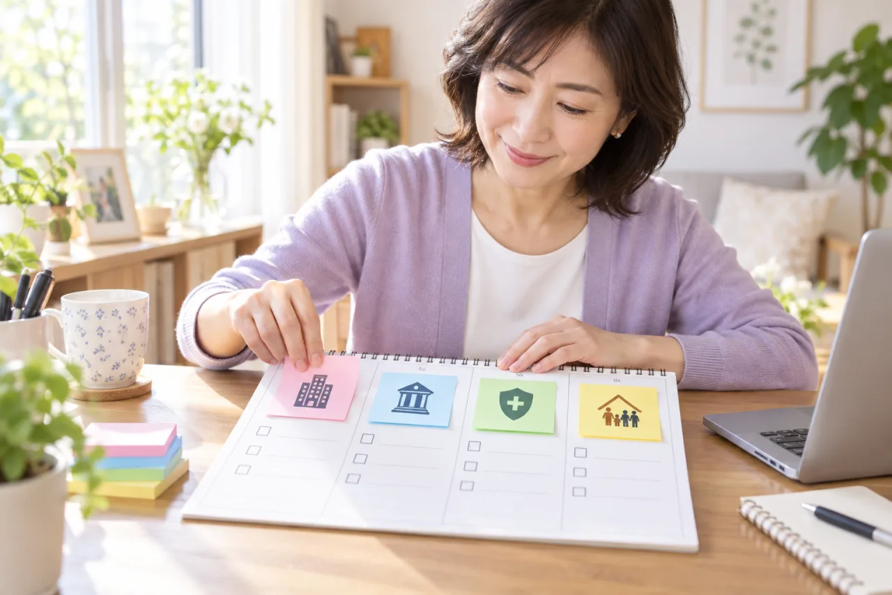 日本人女性が勤務先と税務と健康保険と家計の確認項目を来週の予定表に整理している