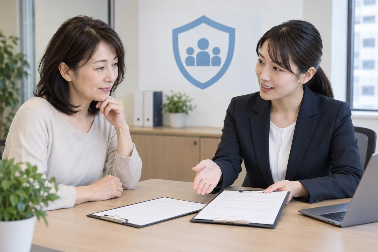日本人女性が人事担当者から社会保険加入の条件と書類を説明されている