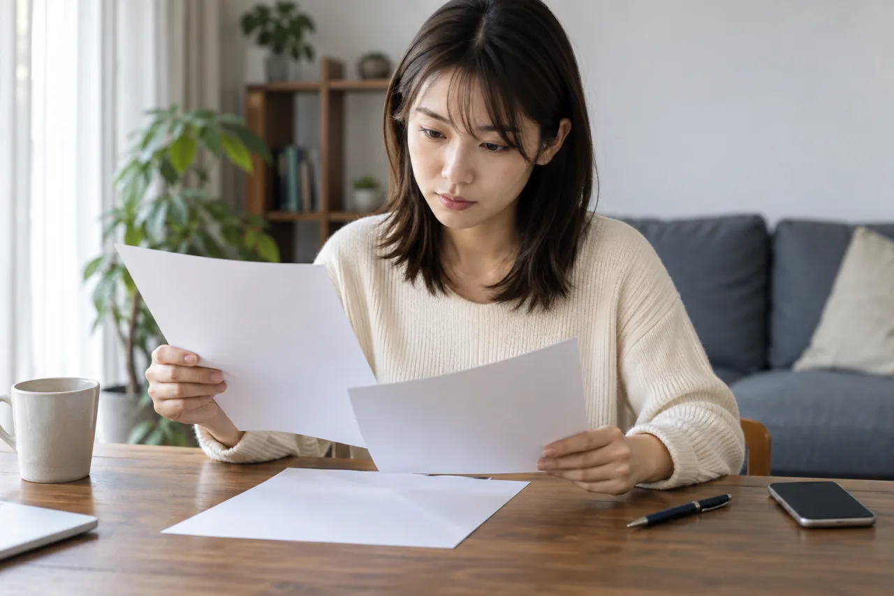 労働条件通知書と就業条件を確認する日本人女性