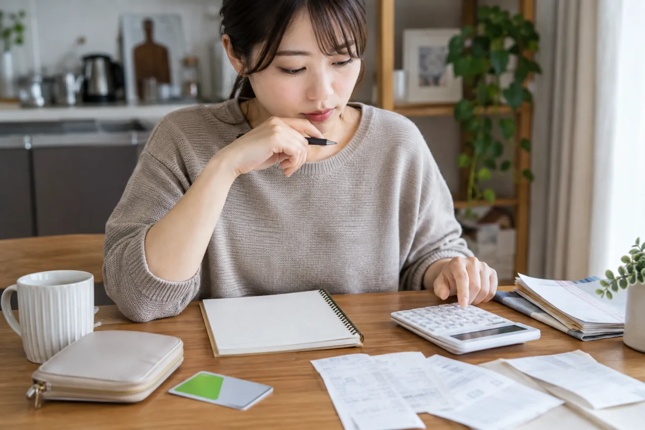時給と通勤費と生活費を計算する日本人女性
