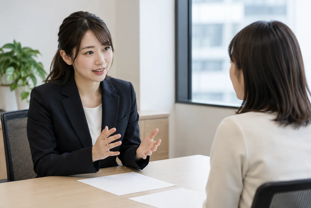 派遣会社の相談担当者と教育訓練について話す日本人女性