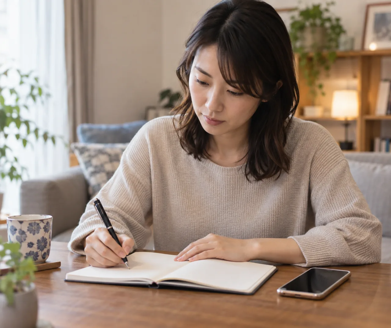 派遣先での相談内容を自宅で記録する日本人女性
