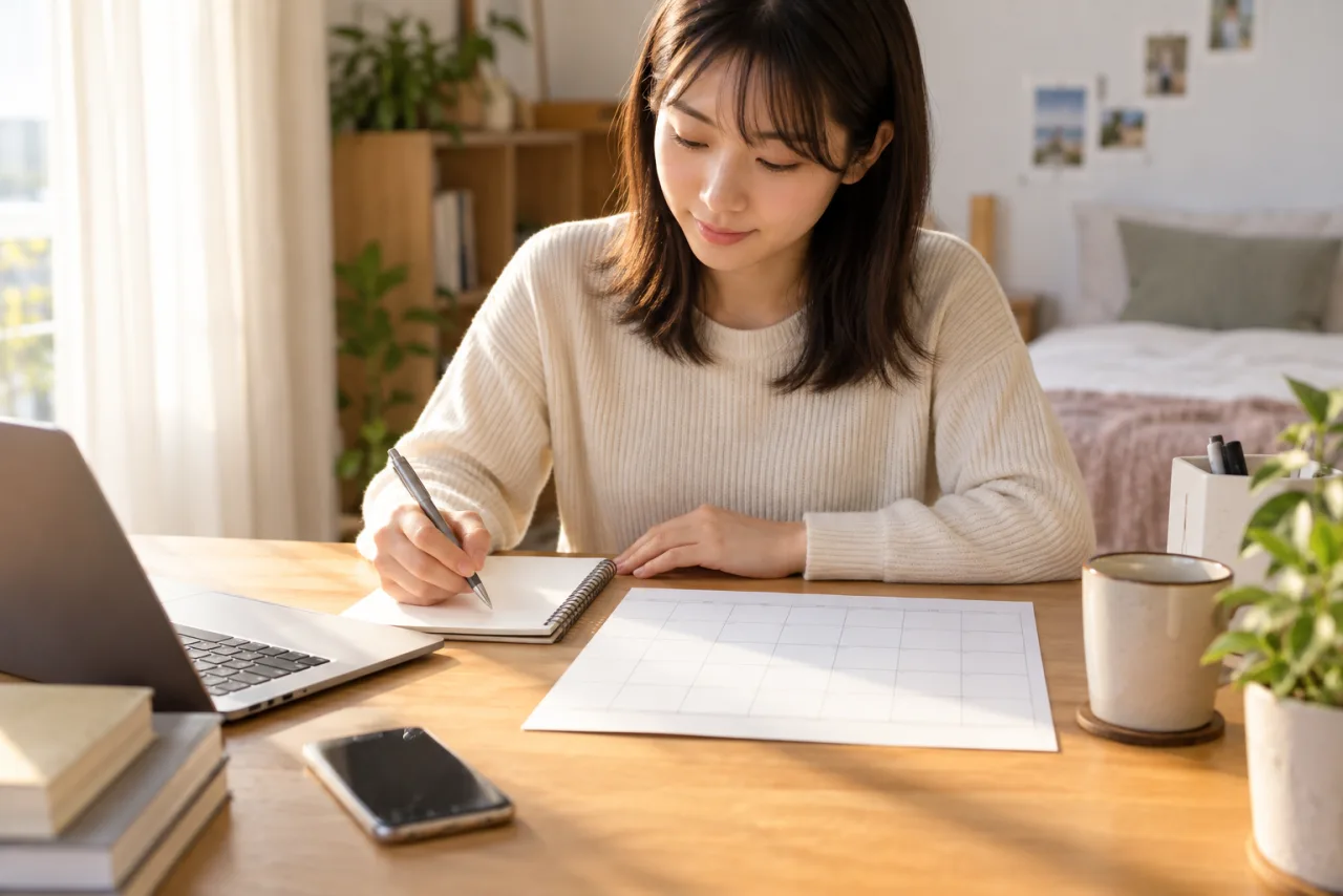 一週間の仕事探しと生活予定をノートに組み立てる日本人女性