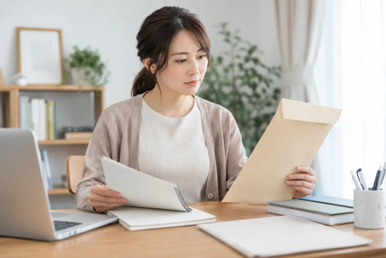 職業訓練や資格の記録を履歴書に転記する日本人女性