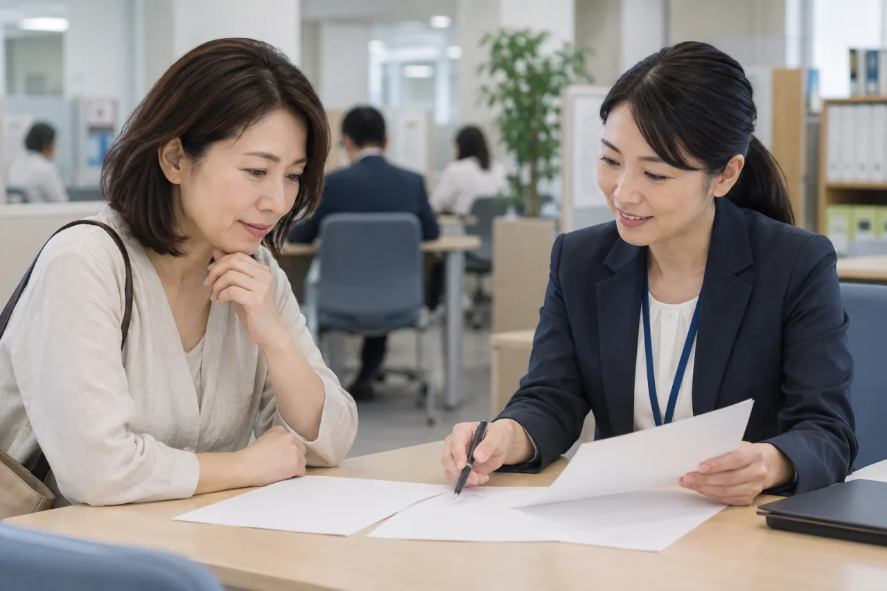 履歴書を提出前にハローワークで相談する日本人女性