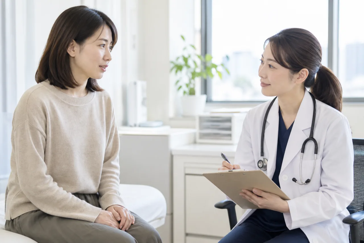医師に休職について相談する日本人女性
