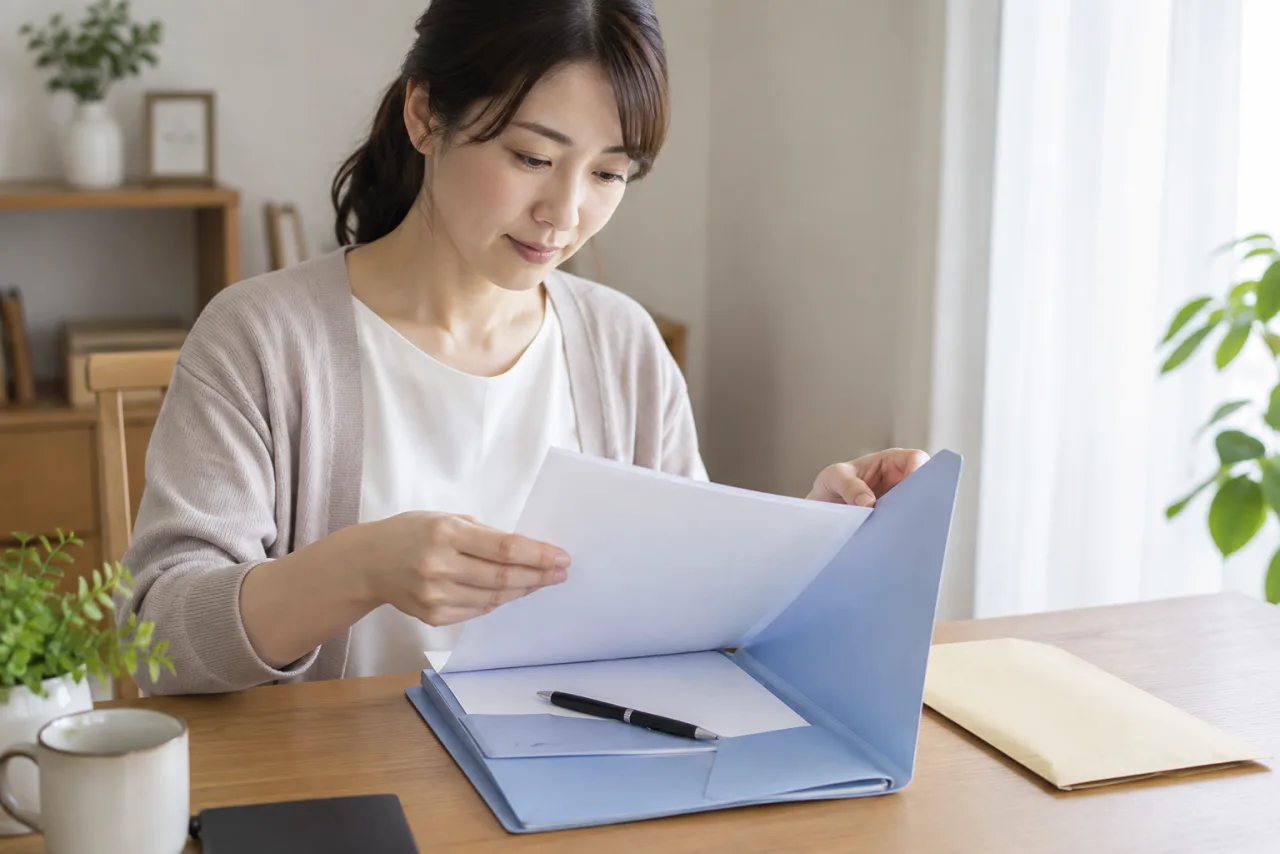傷病手当金の申請書類を整理する日本人女性