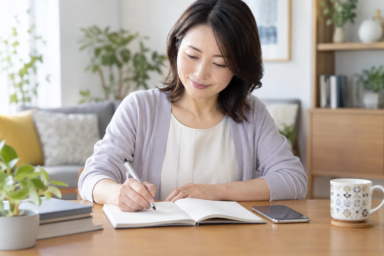 健康保険者への相談内容をノートに整理する日本人女性