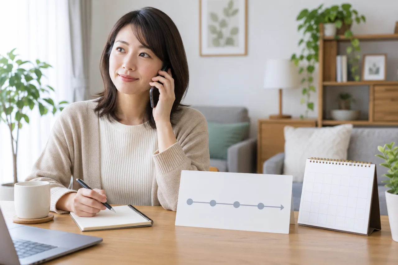 休職制度について会社へ電話で相談しながらメモする女性