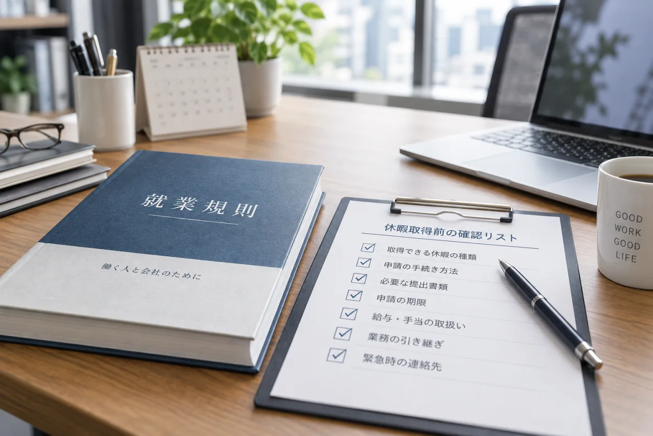 就業規則と休暇取得前の確認項目を机で確認する様子