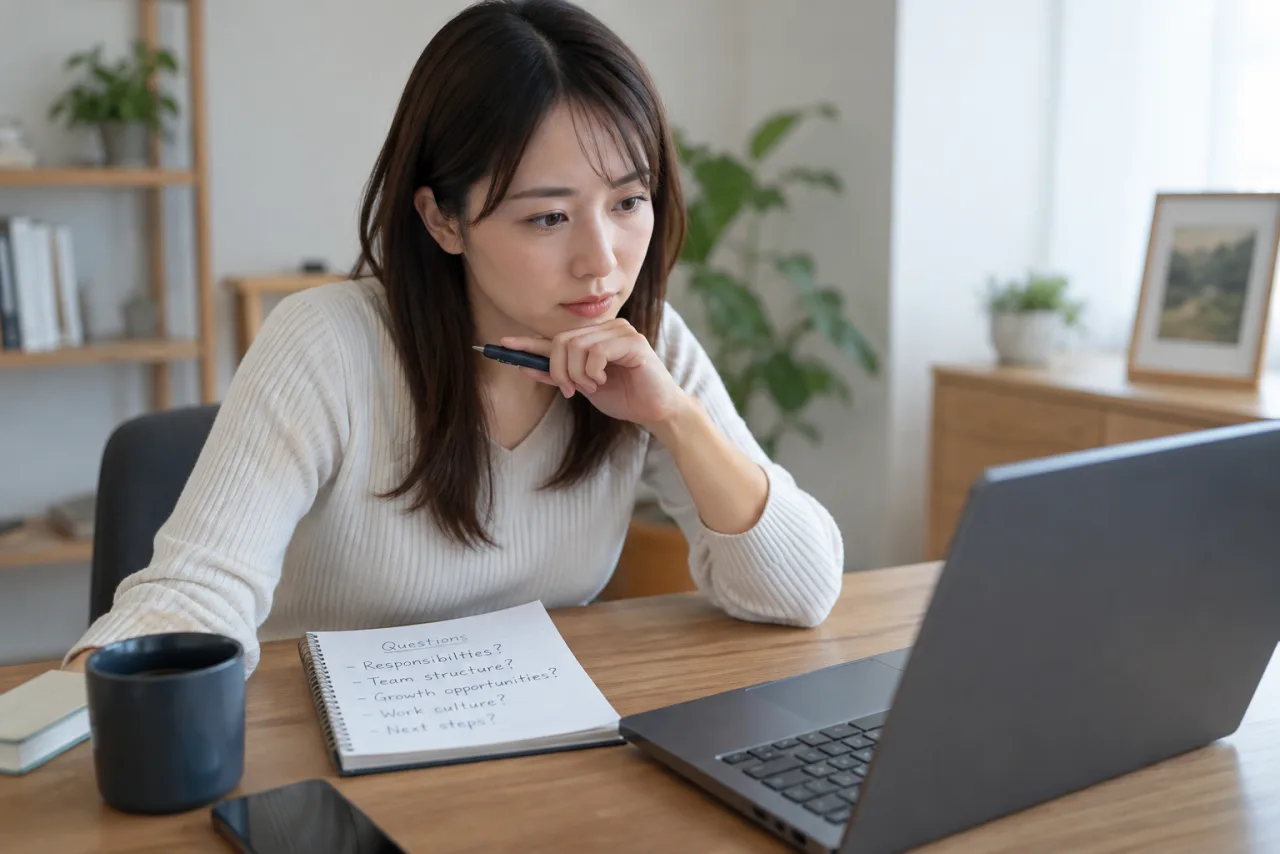 日本人女性が職場で変わった会話と業務連絡をノートへ整理する様子