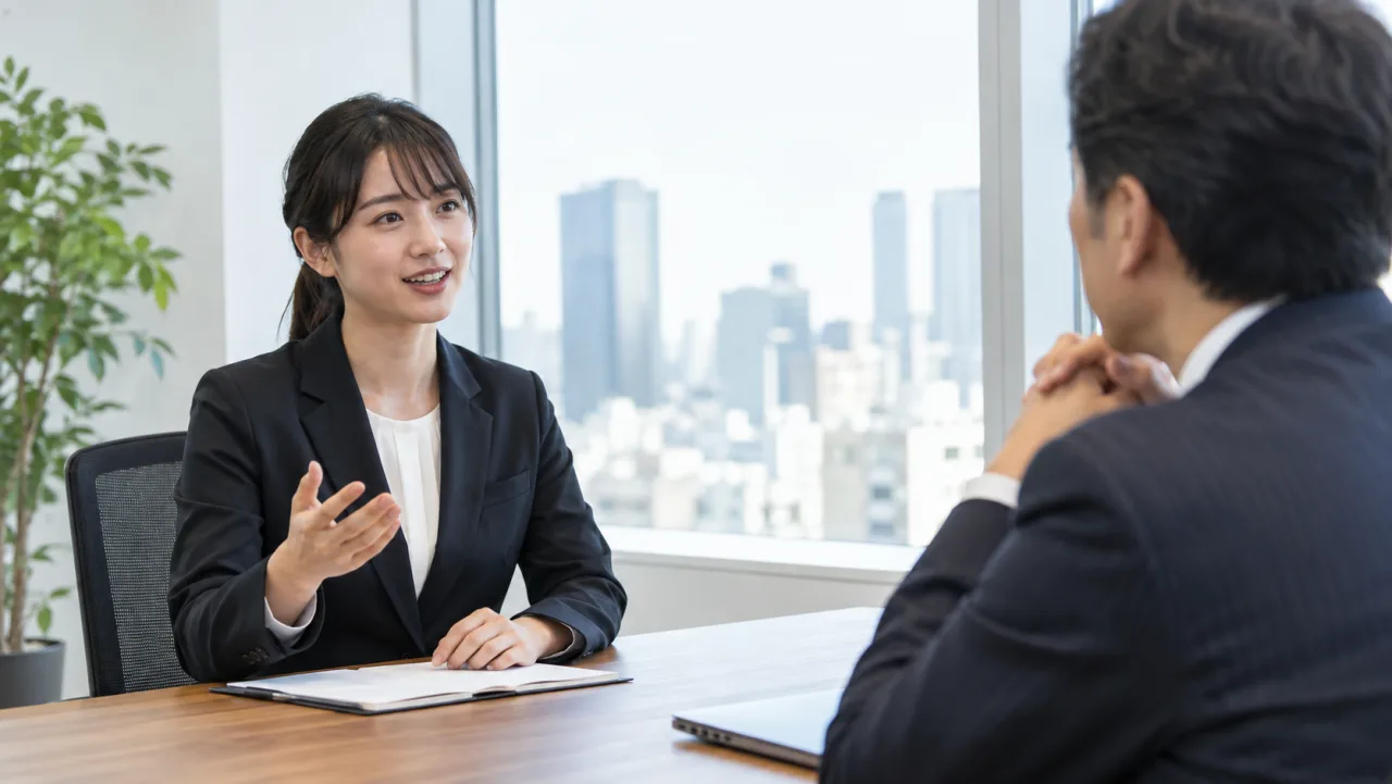 日本人男性が職場の同僚へ確認する業務連絡を短い文に整える様子