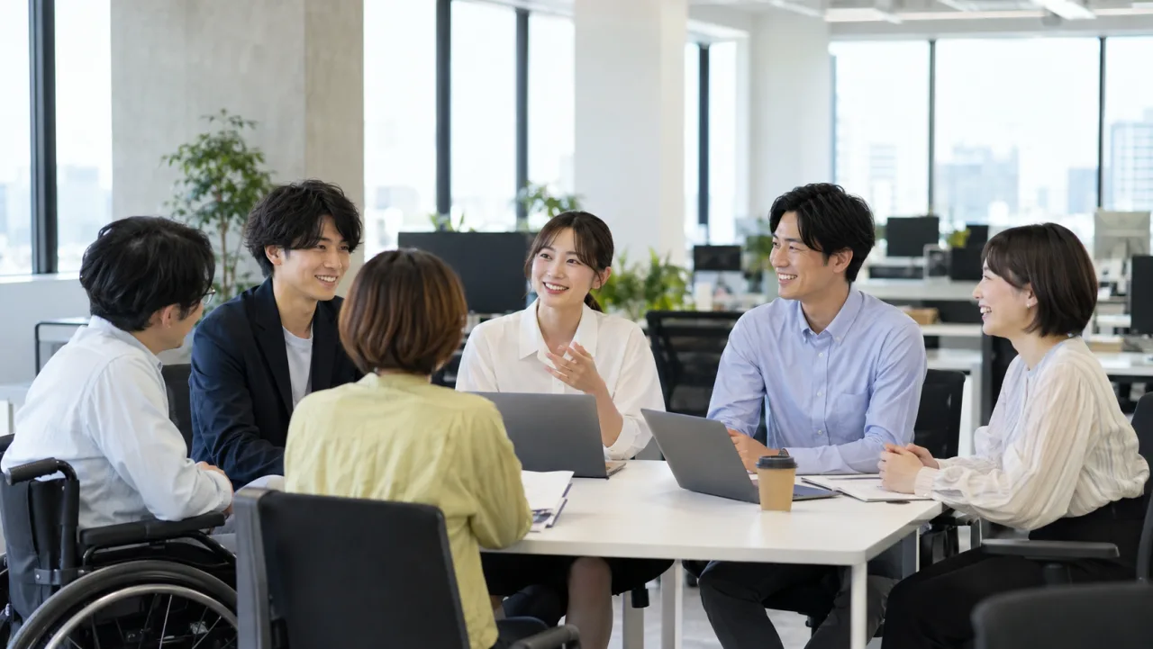 日本人女性が職場のチャットと会議メモで期限と担当を共有する様子