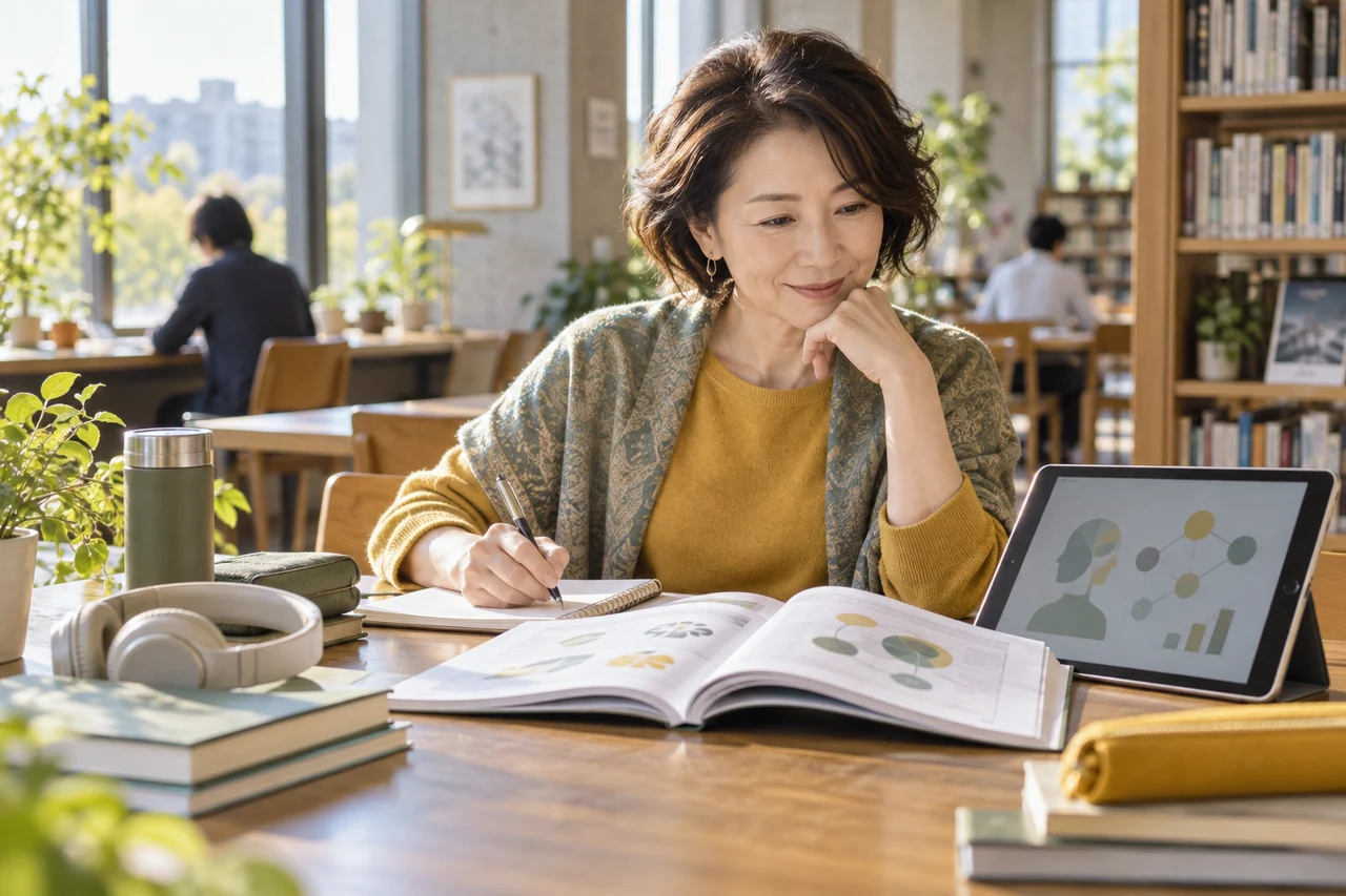学び直しの道具を机に並べるイメージ