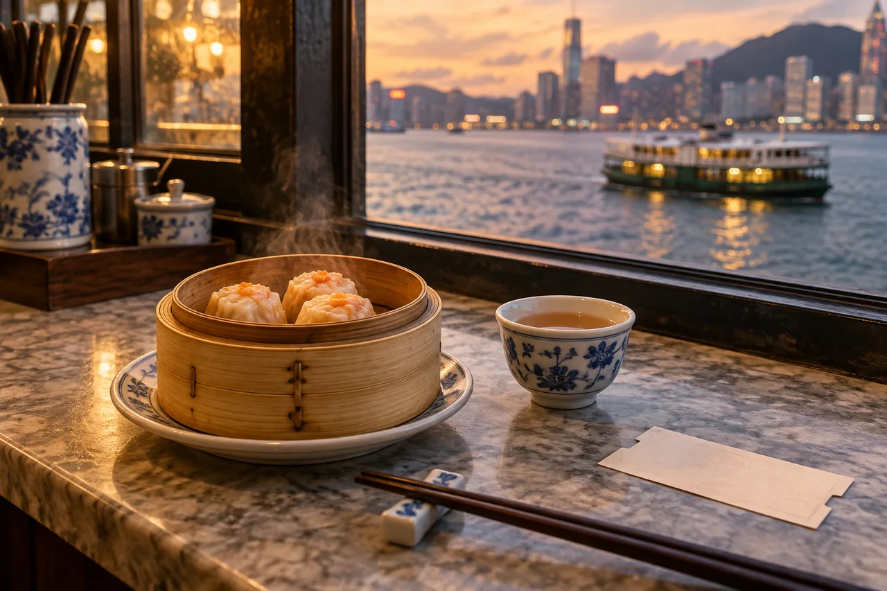 香港の夜景と飲茶を楽しむイメージ