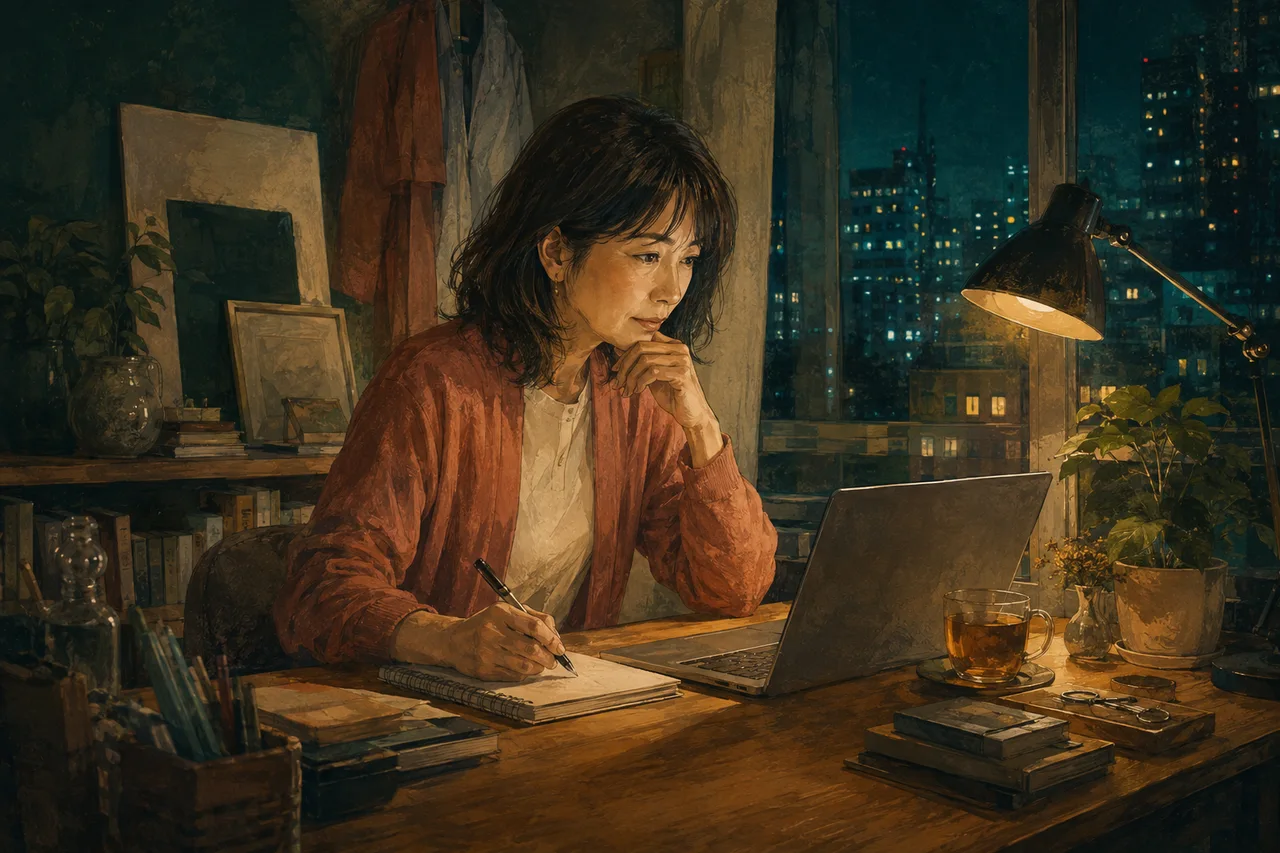 夜の机で副業を考える美咲さん