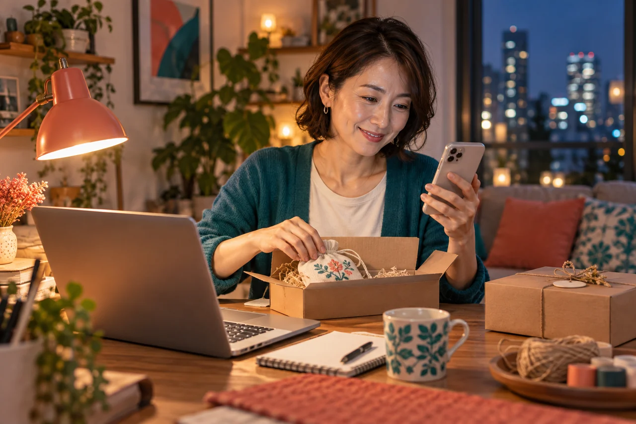 夜の机で副業の収支を考えるイメージ
