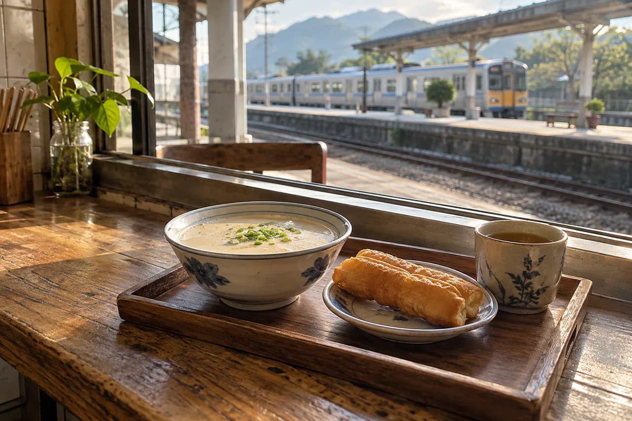 台湾の朝食と列車を楽しむイメージ