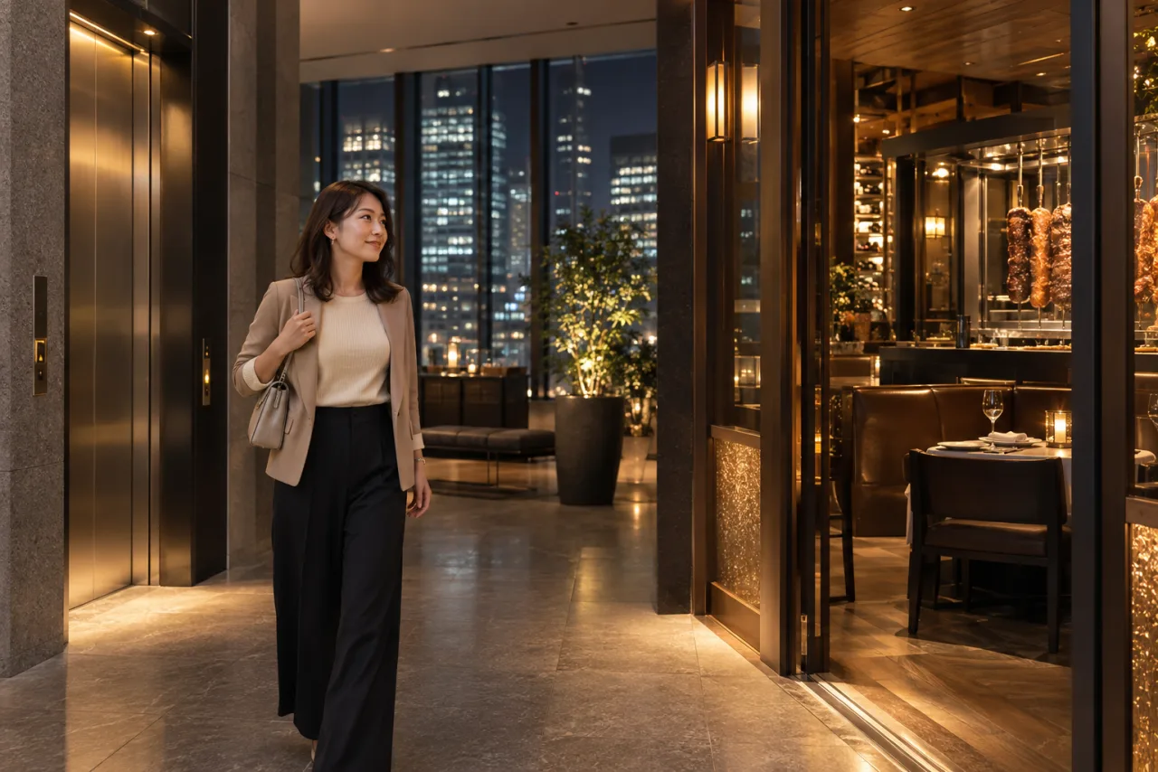 丸の内のレストラン入口へ一人で向かう女性の場面イメージ