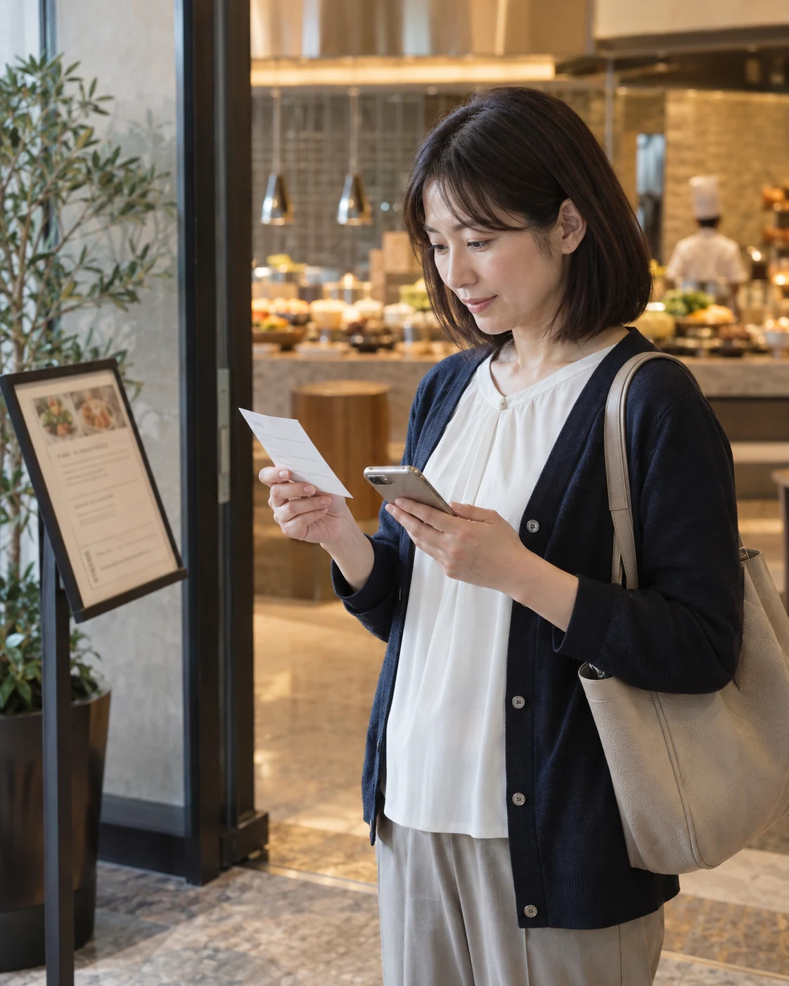 ビュッフェレストランの入口で予約内容と案内カードを確認する日本人女性